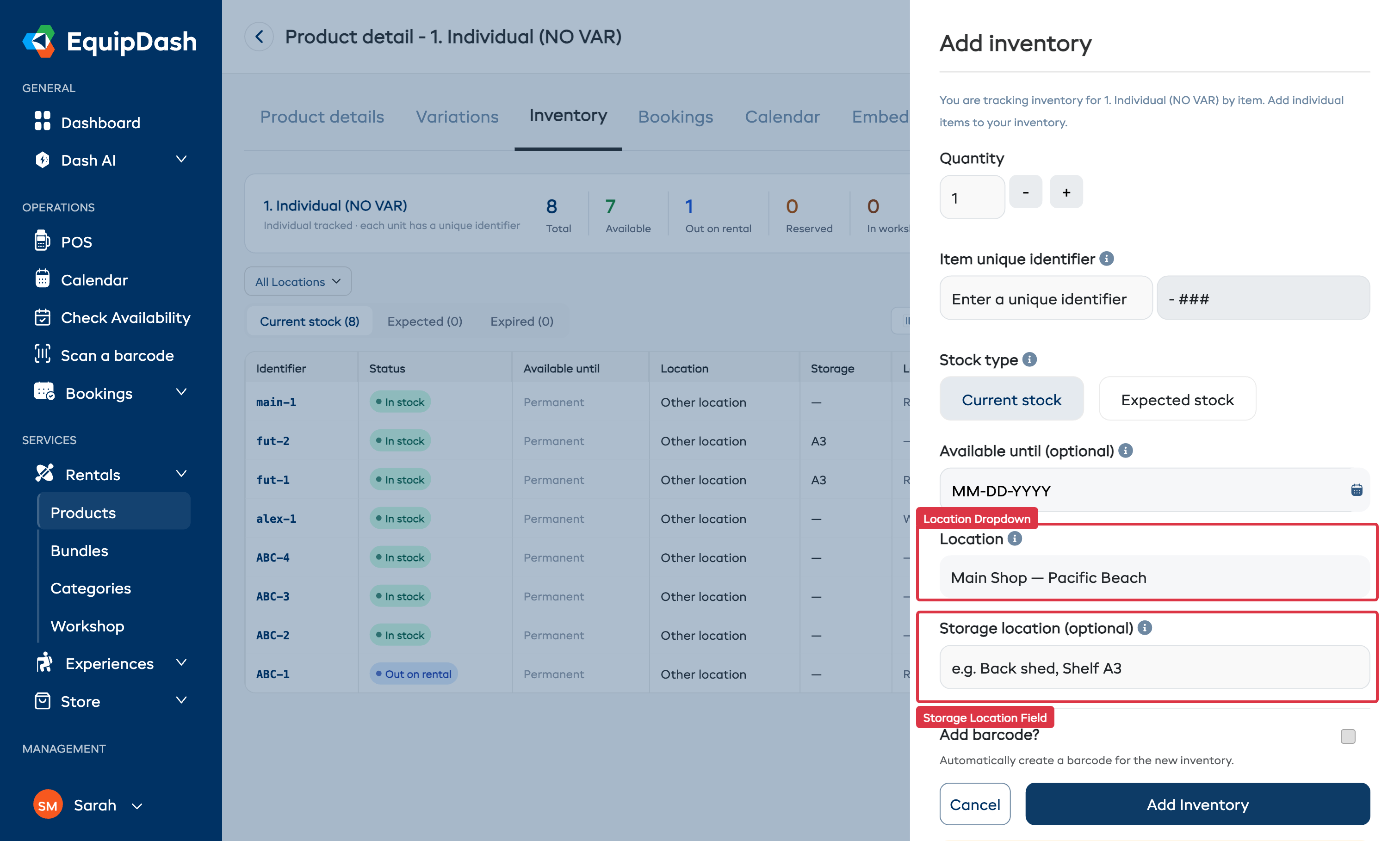 Add inventory form showing the Location dropdown and Storage location field