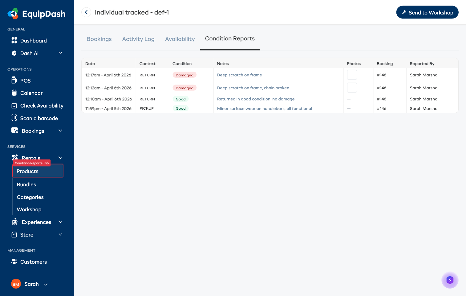 The Condition Reports tab on an inventory unit detail page, showing a table of condition reports with dates, ratings, and booking references.