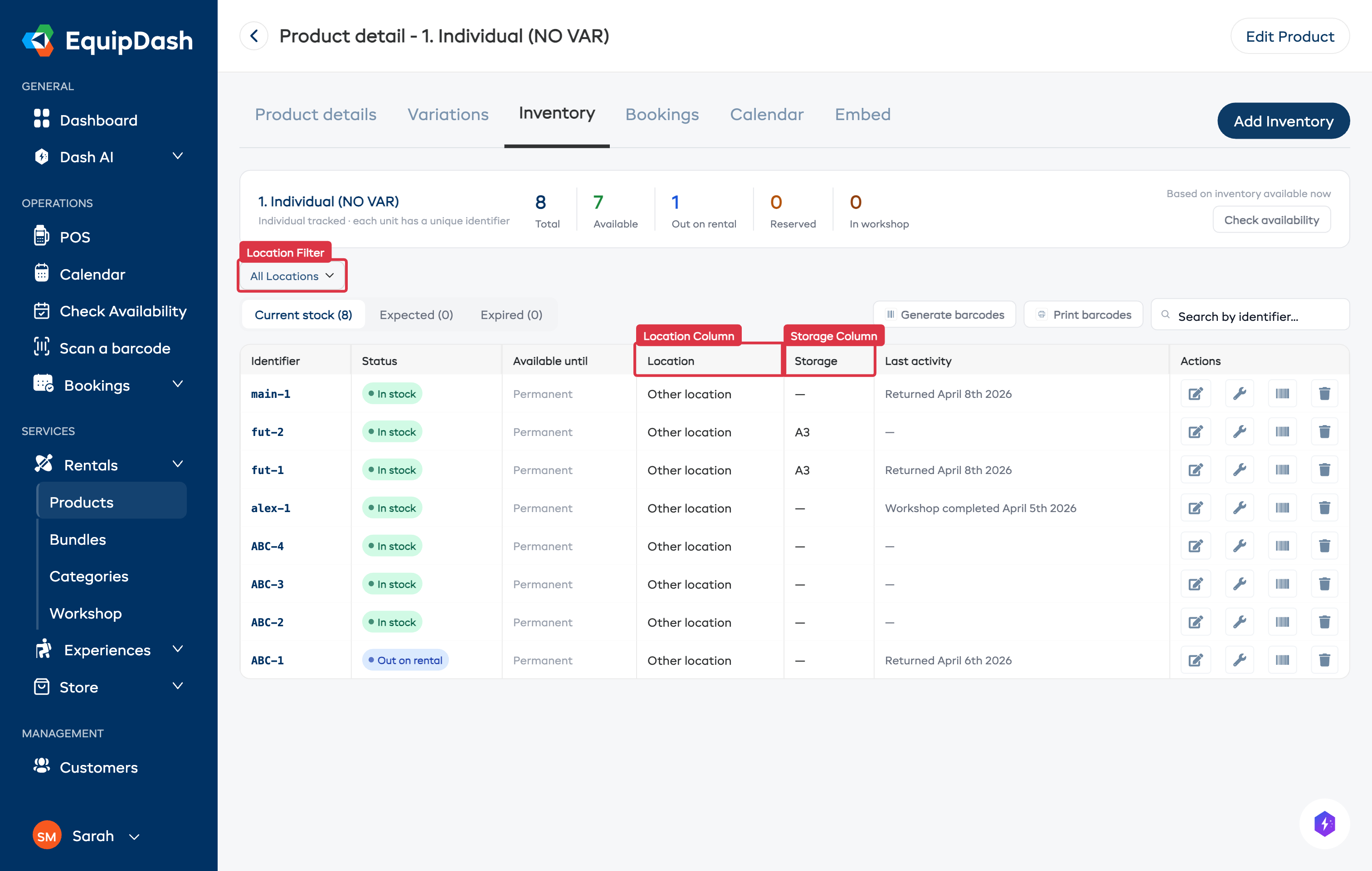 Inventory table with Location filter dropdown, Location column, and Storage column