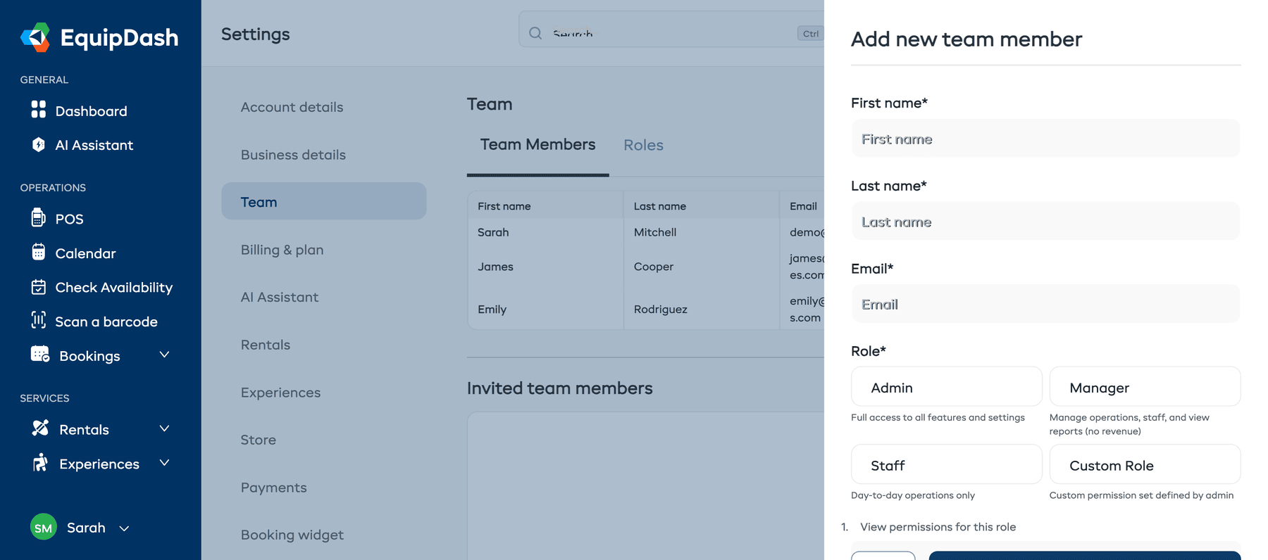 The Add new team member modal with First name, Last name, Email, and Role fields