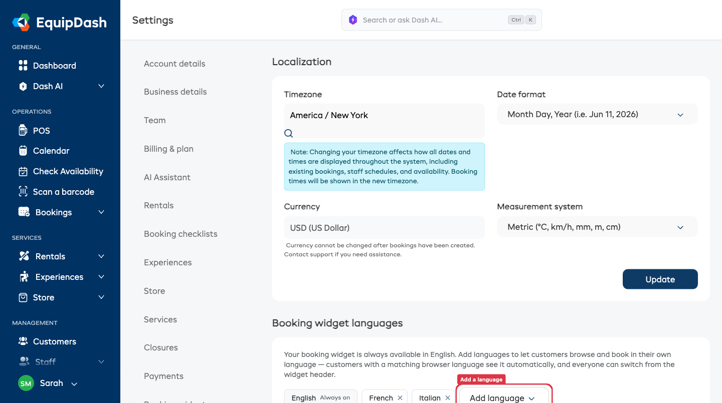 The Booking widget languages card in Settings → Localization, with English set as "Always on" alongside French and Italian chips and an "Add language" dropdown.