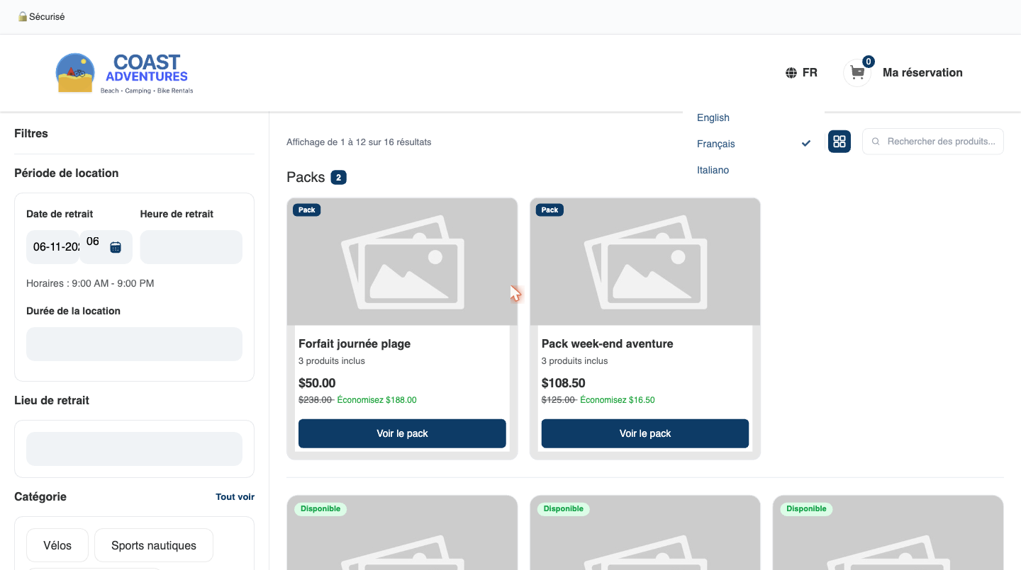 The booking widget in French — product names, prices, categories, and buttons all translated — with the globe language menu open showing English, Français, and Italiano.