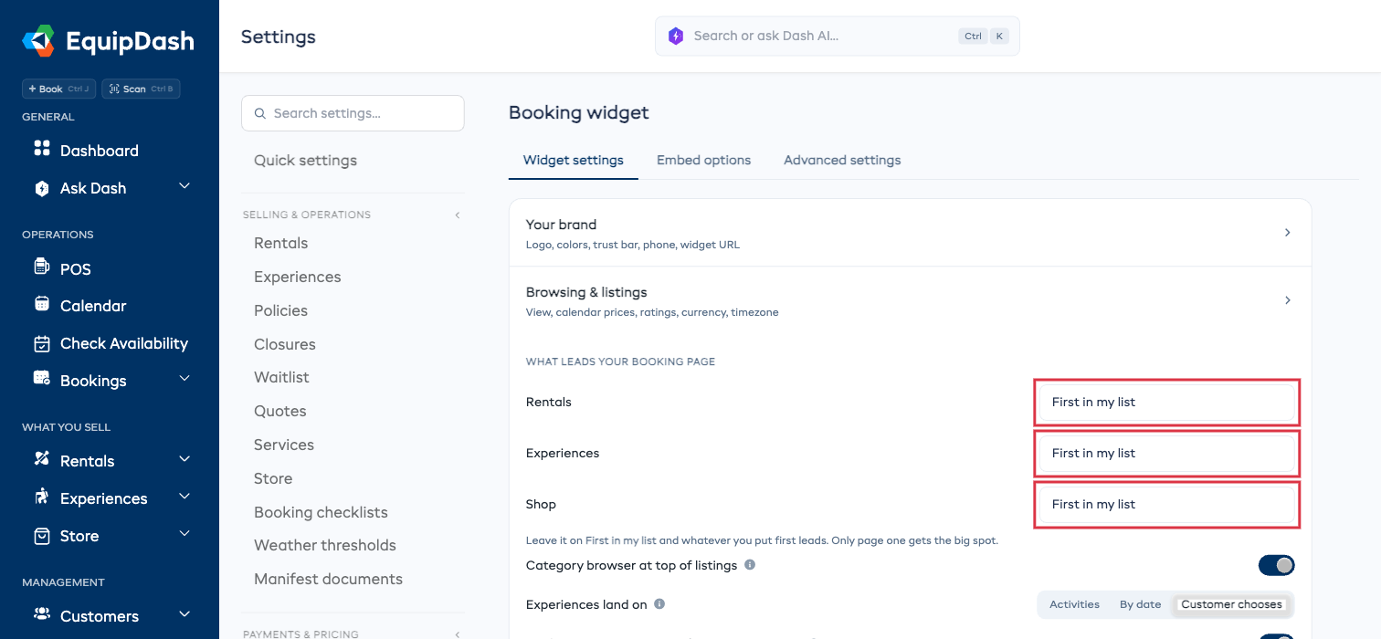 Choosing which item leads the booking page