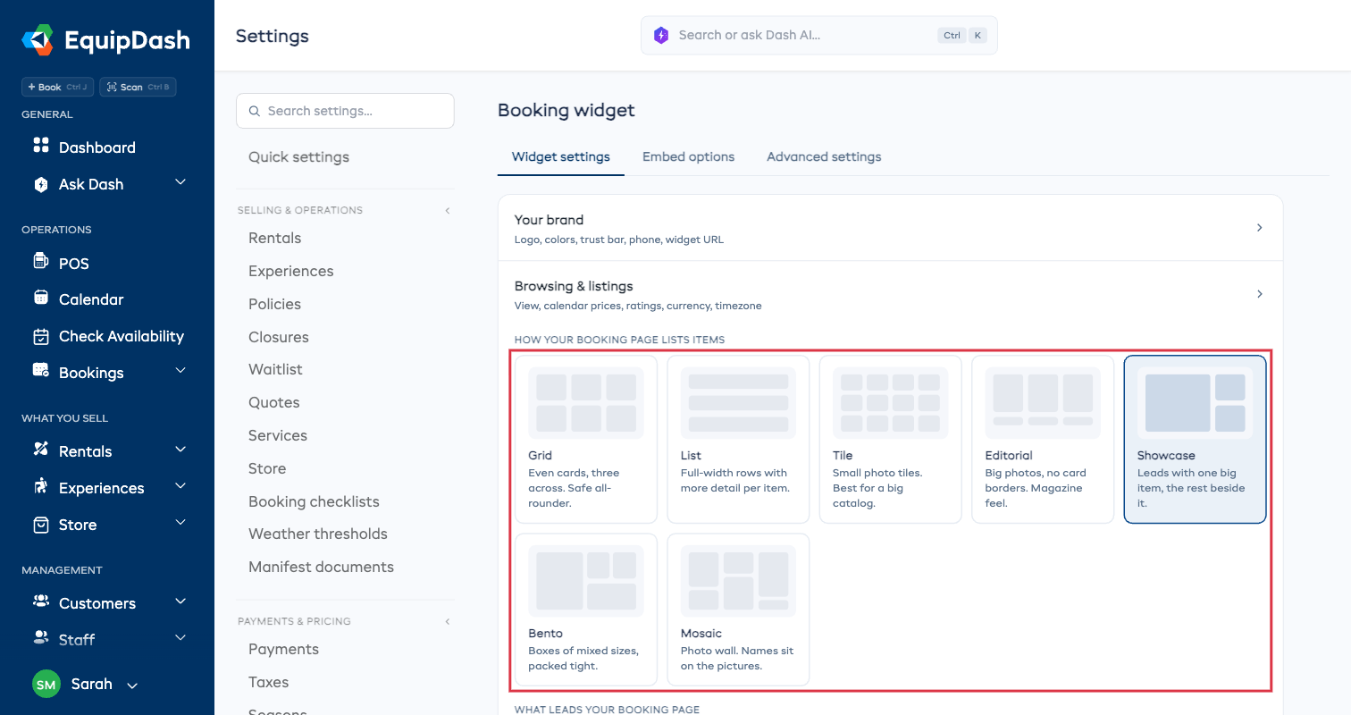 Choosing a booking page layout in widget settings