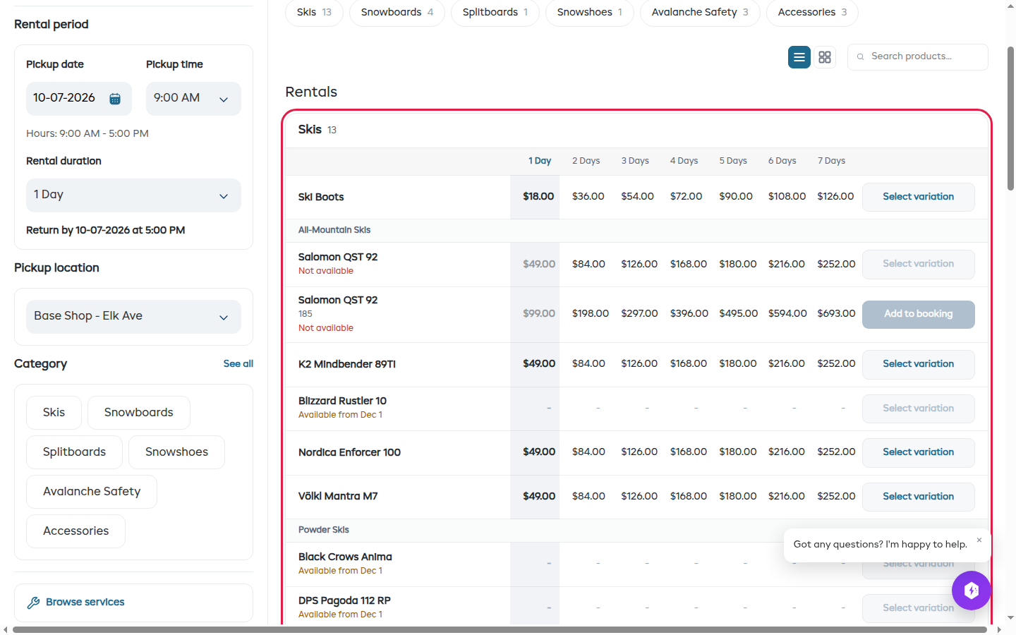 A rentals price list with a price for each hire length