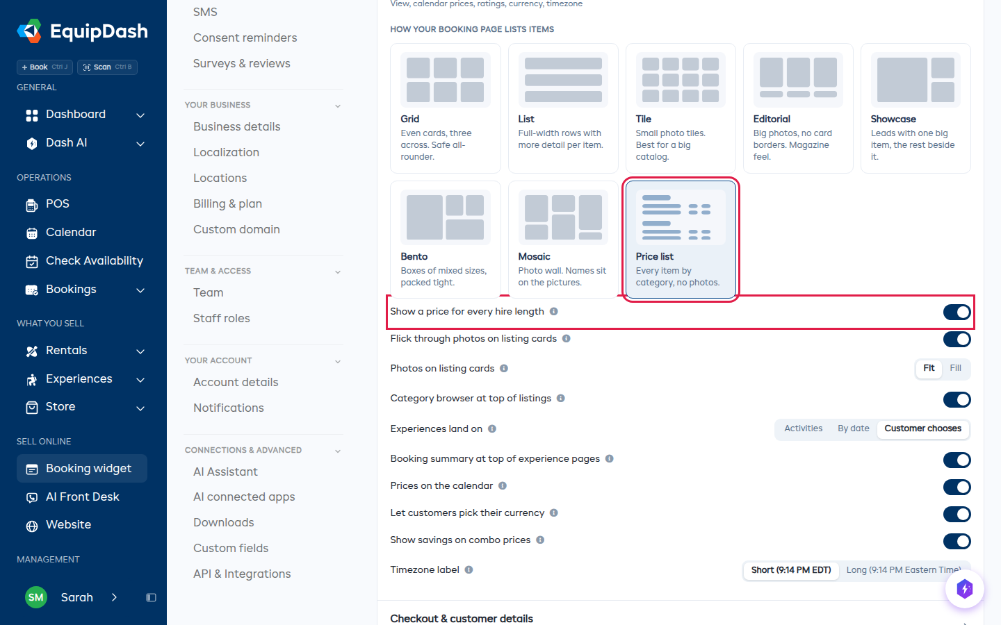 The Price list layout and its switch in widget settings