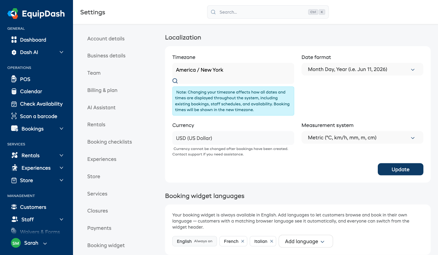 The Localization settings page with Timezone, Currency, and Date format fields