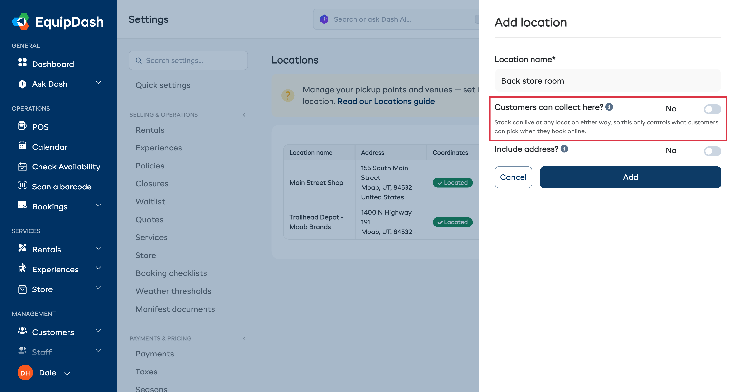Add location modal with Location name field, Customers can collect here toggle, and Include address toggle