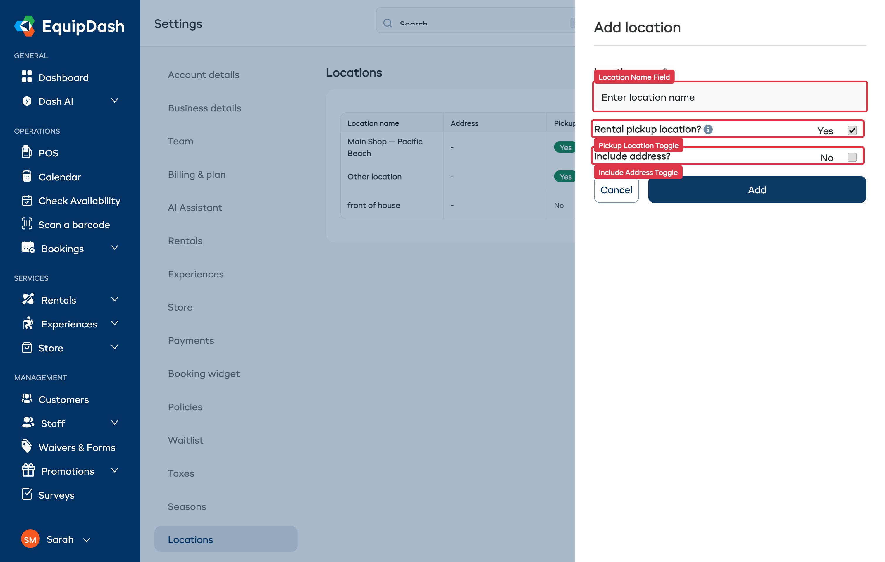 Add location modal with Location name field, Rental pickup location toggle, and Include address toggle