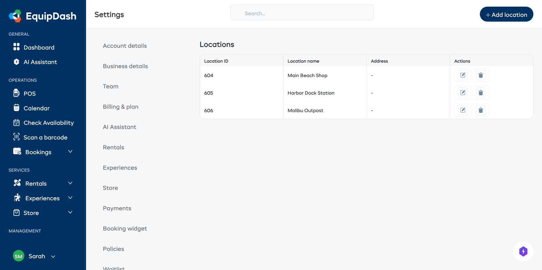 The Add Location form with fields for name and address