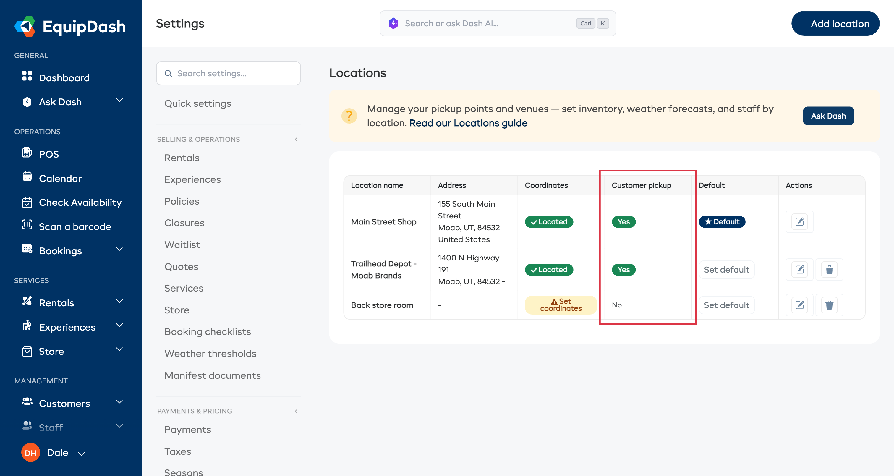 Settings Locations overview showing the location table with Default badge, Customer pickup column, and action buttons