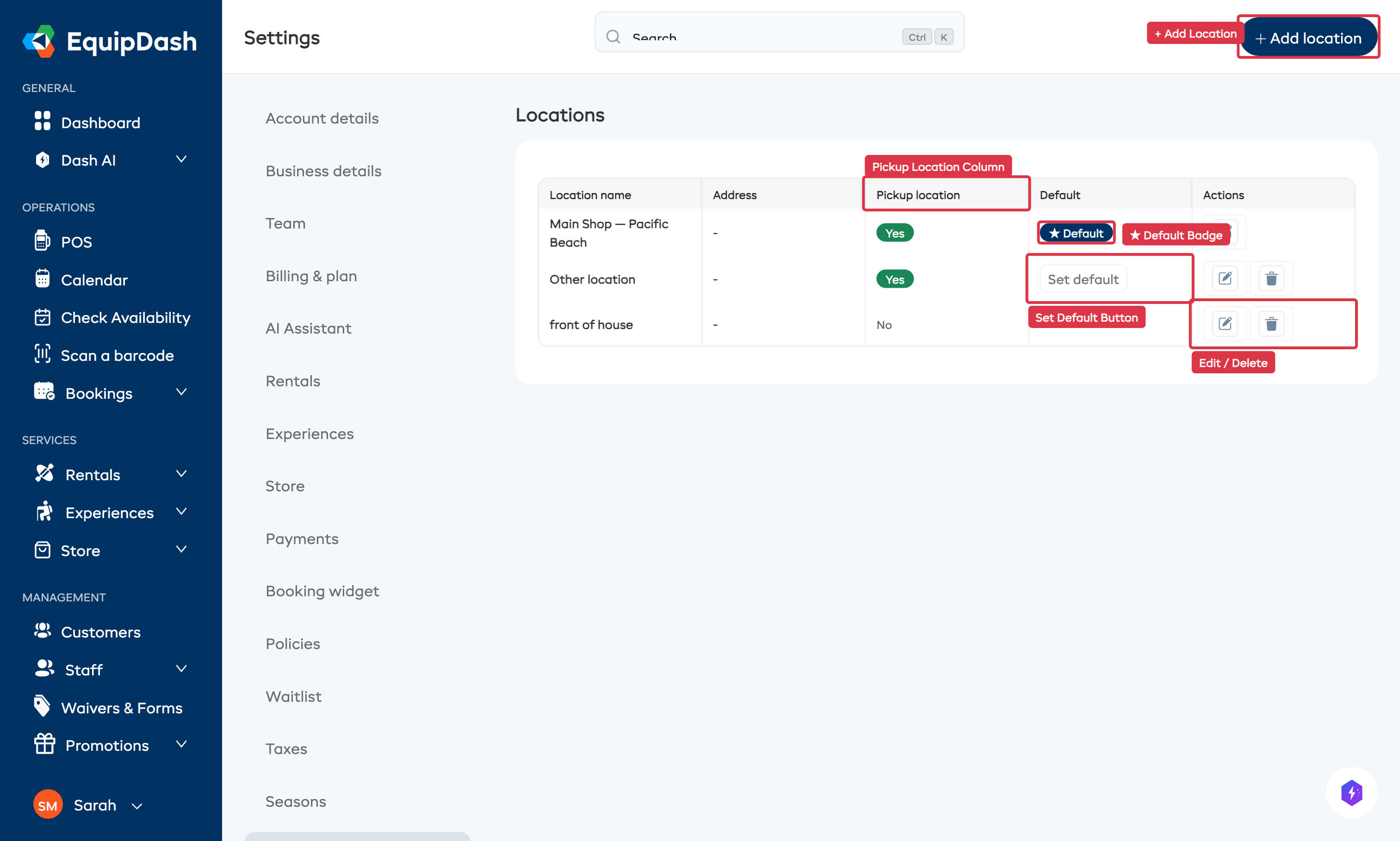 Settings Locations overview showing the location table with Default badge, Pickup location column, and action buttons