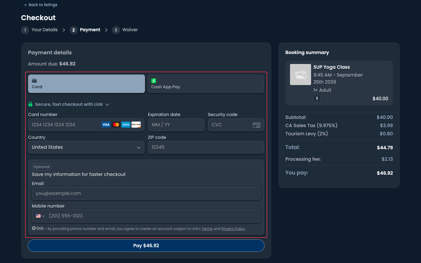 Checkout on a dark background, with the card fields in the same colors