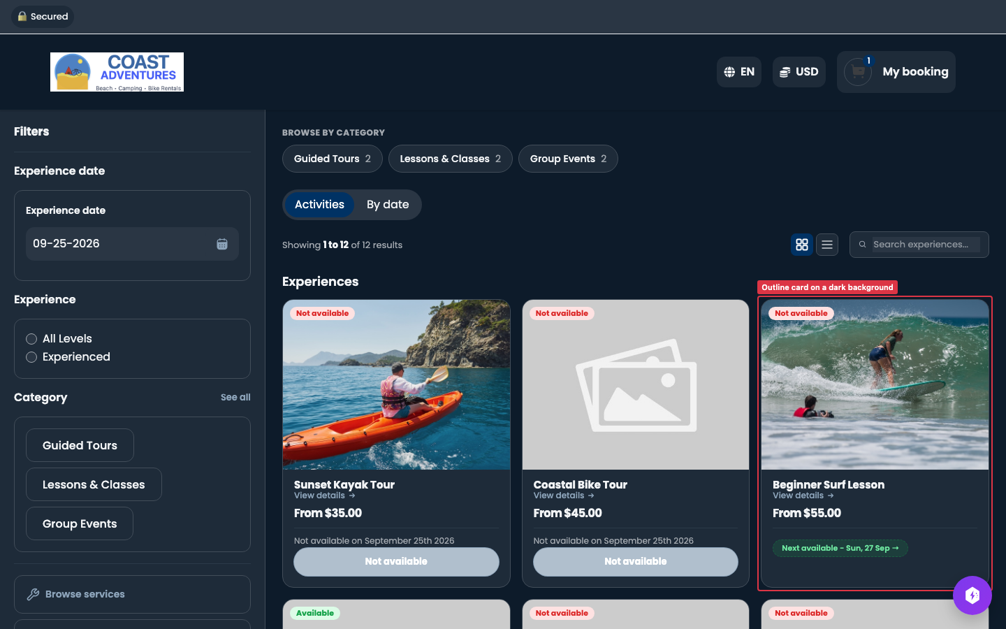 The booking page with a pill button, outline cards and a dark background