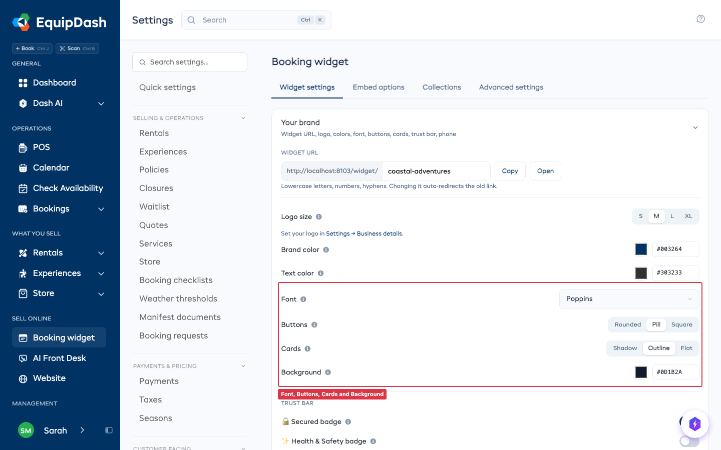 Your brand section with the Font, Buttons, Cards and Background rows