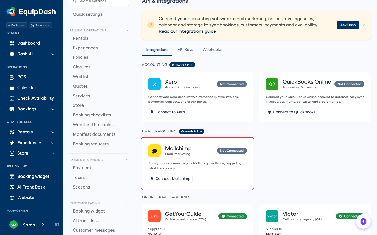 The Mailchimp card on the API &amp; Integrations page