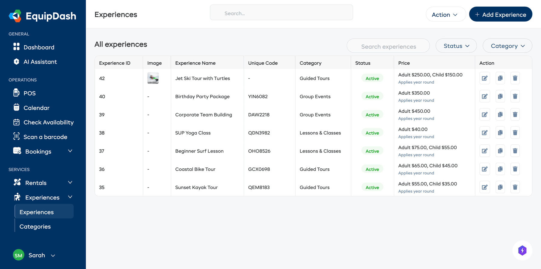 The Experiences page with a table listing experiences, showing columns for Experience ID, Image, Experience Name, Unique Code, Category, Status, Price, and Action