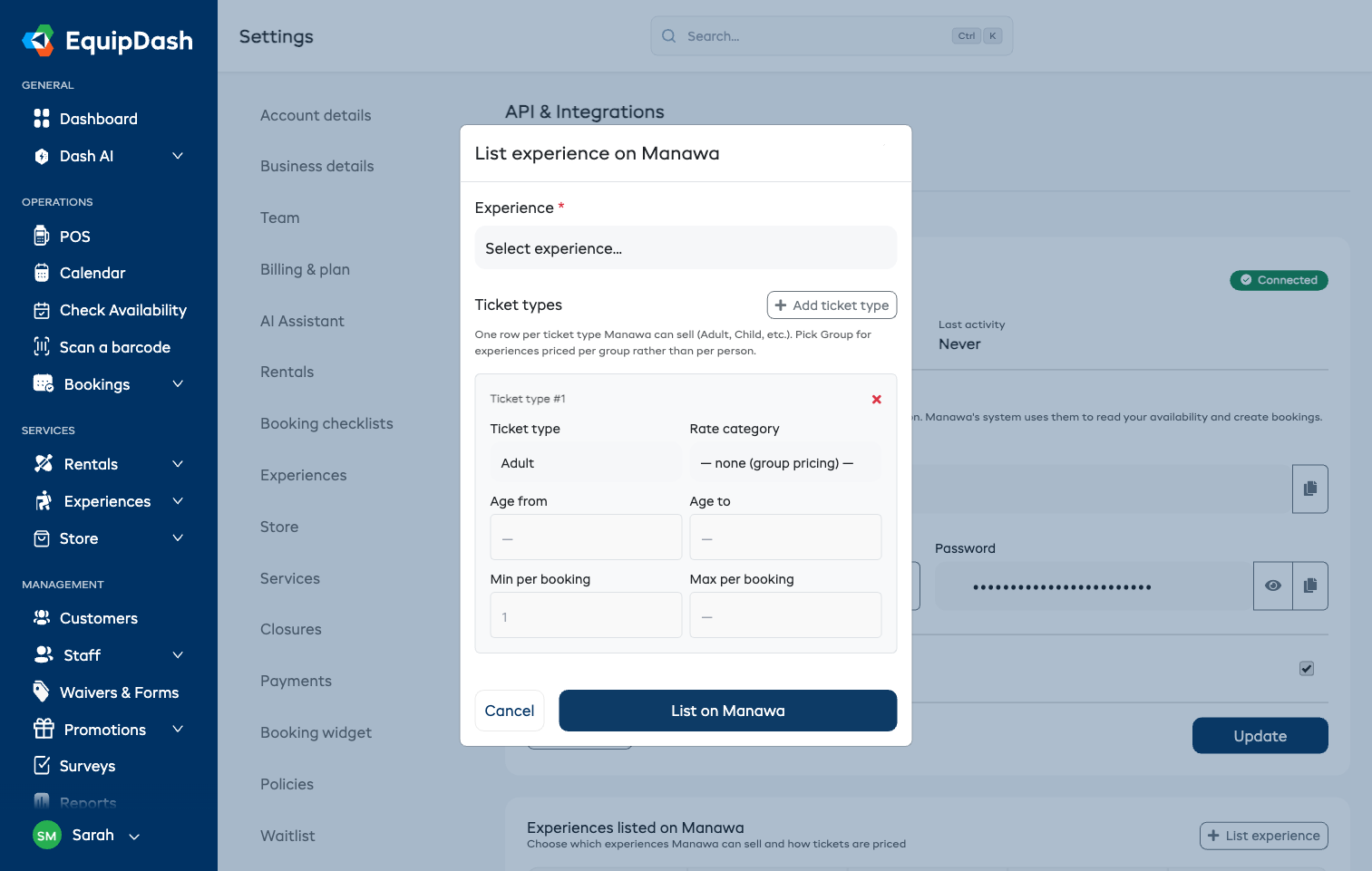 List experience on Manawa modal with ticket types