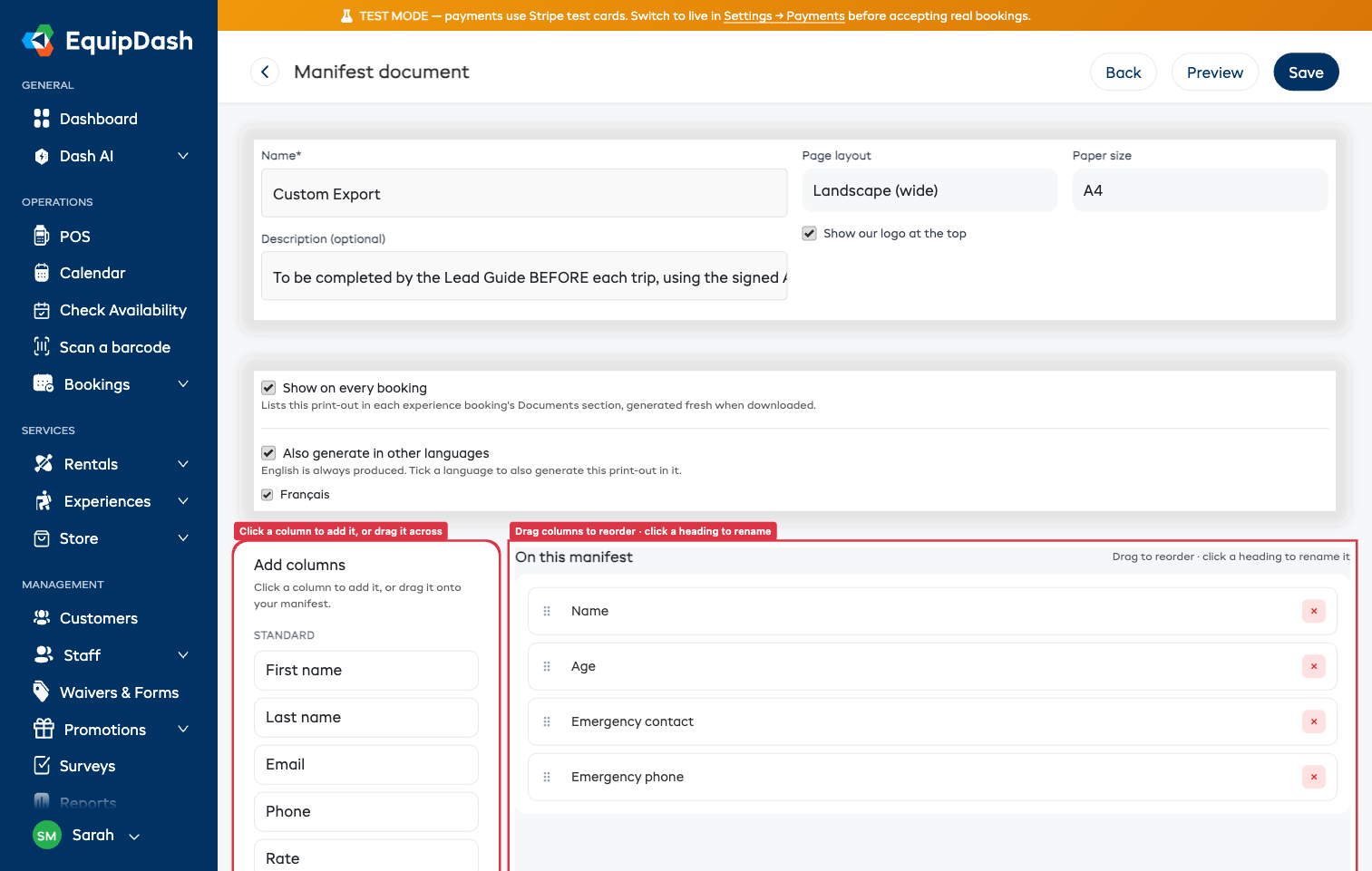 The manifest document builder with the column picker on the left and the chosen columns on the right