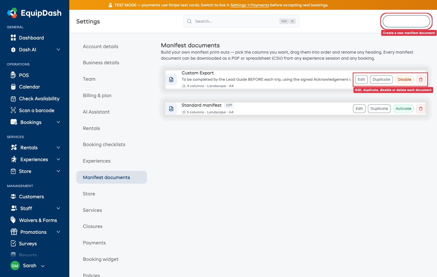 The Manifest documents settings page listing each document with Edit, Duplicate, Disable and delete actions