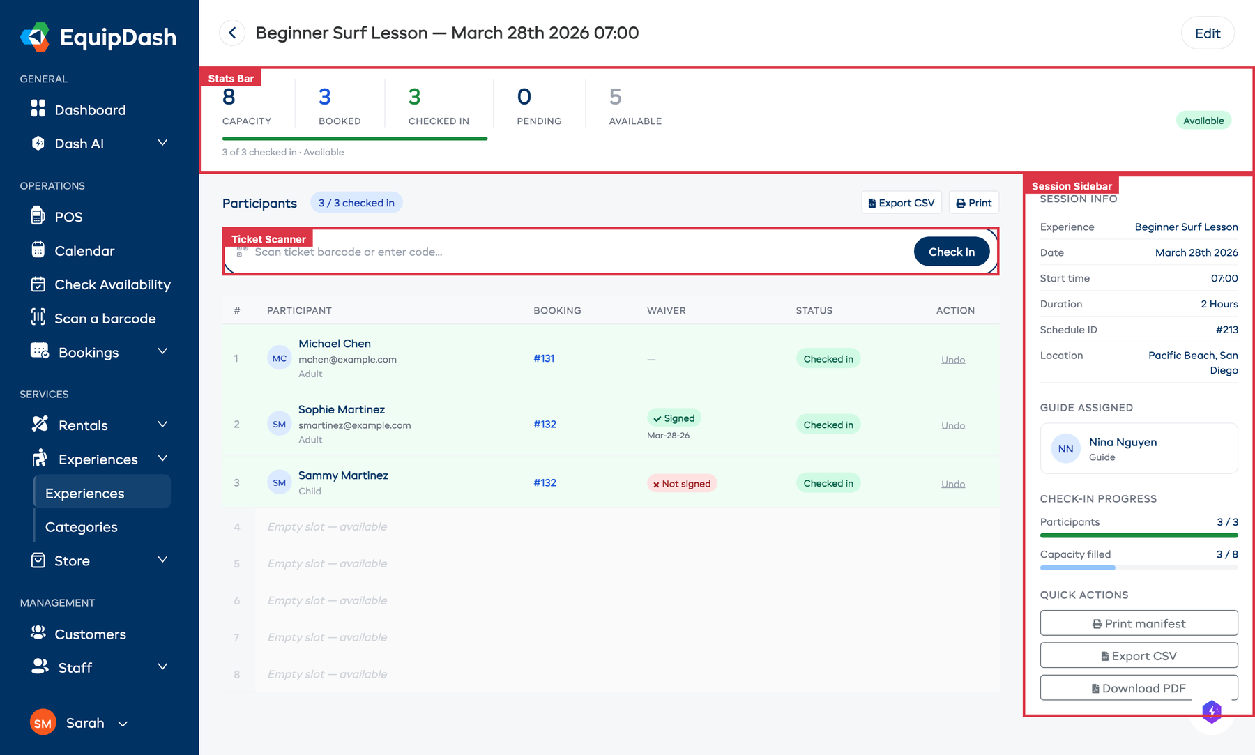 The session manifest detail page showing stats, participant table with check-in status, and session info sidebar