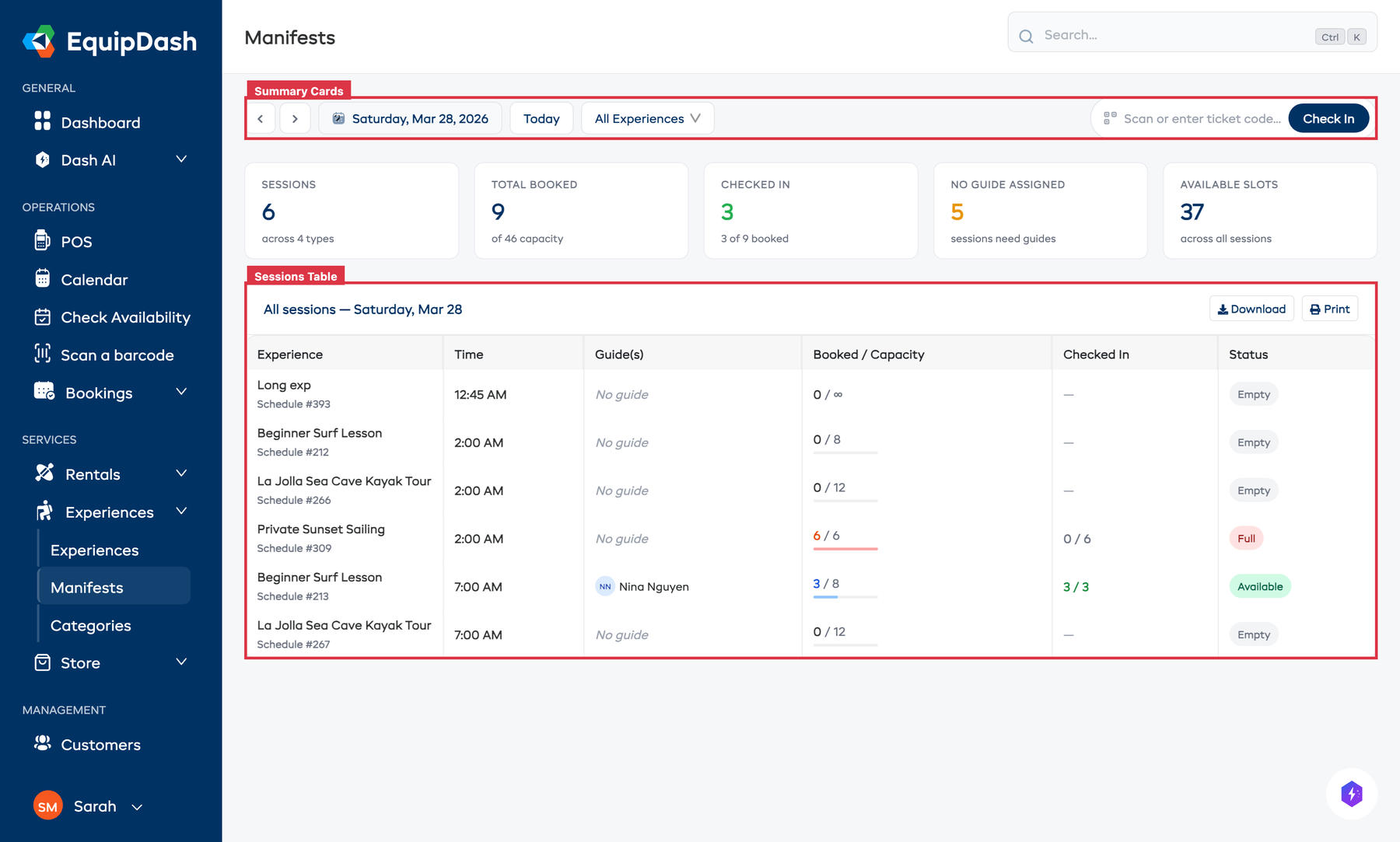 The manifests overview page showing the toolbar, summary cards, and sessions table