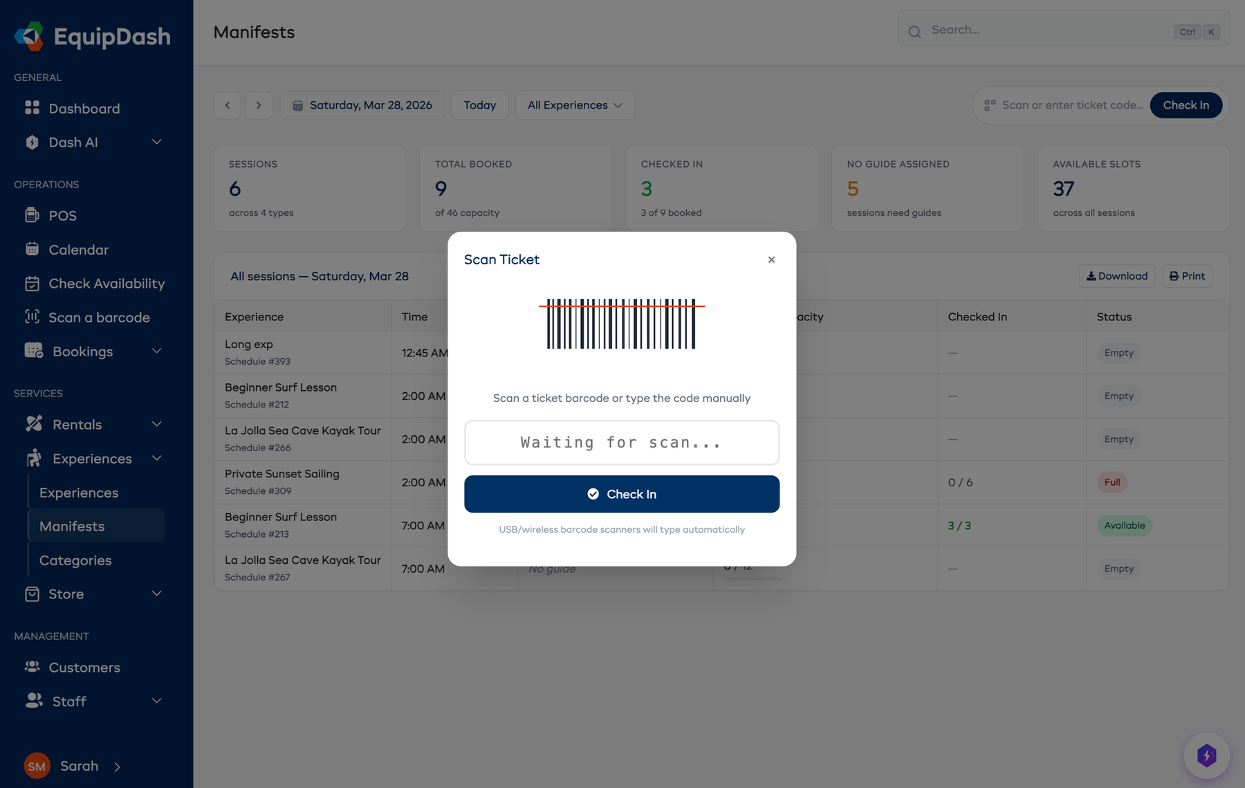 The scan ticket modal with barcode animation and input field