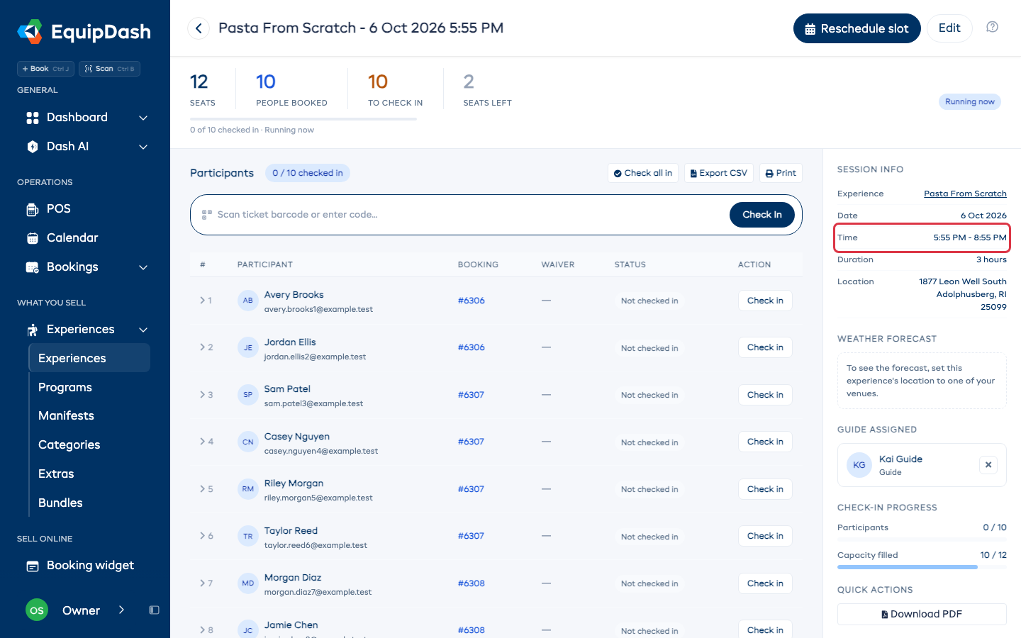 The session page with the session's own times under Session info