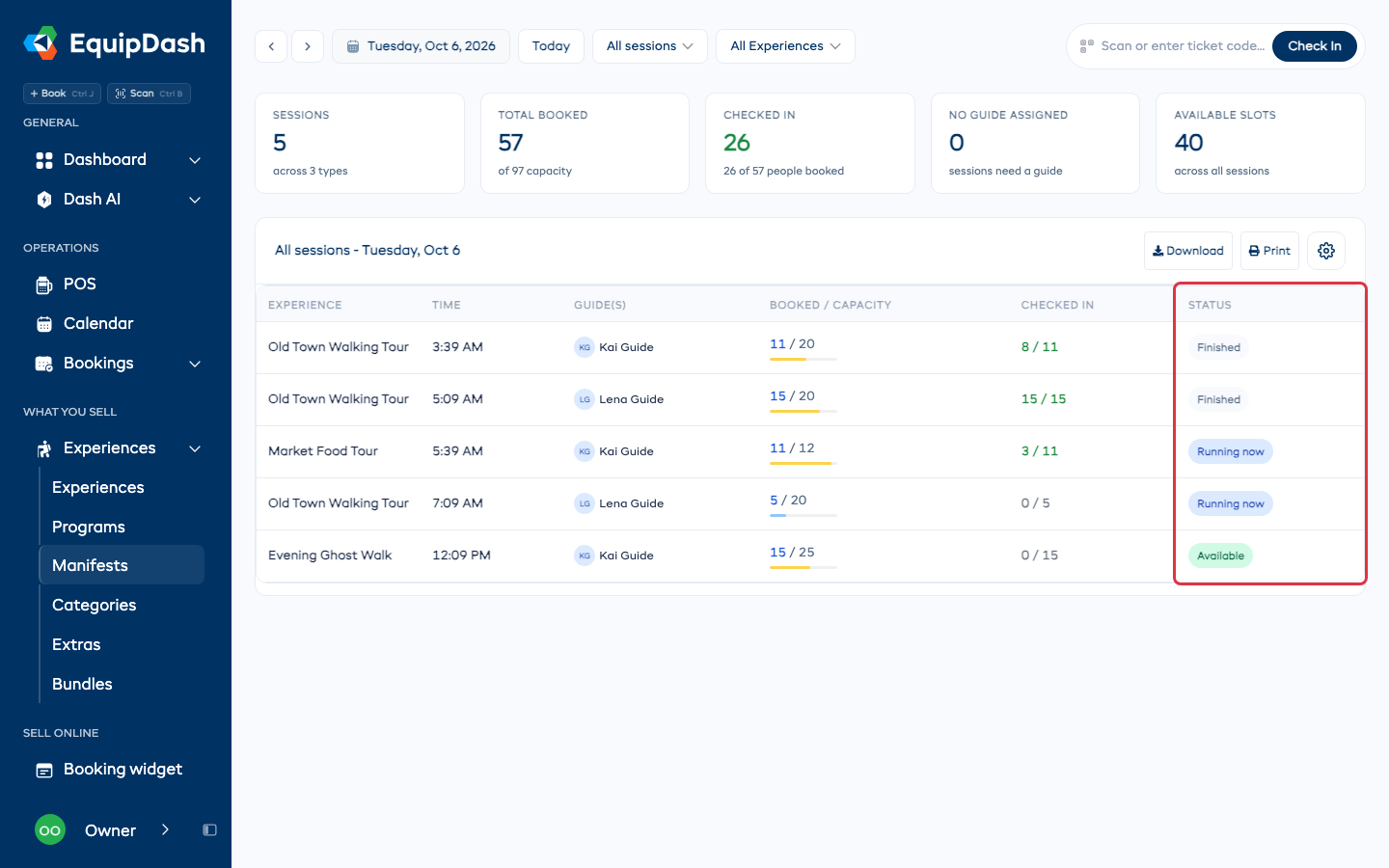 The Status column reading Finished, Running now and Available