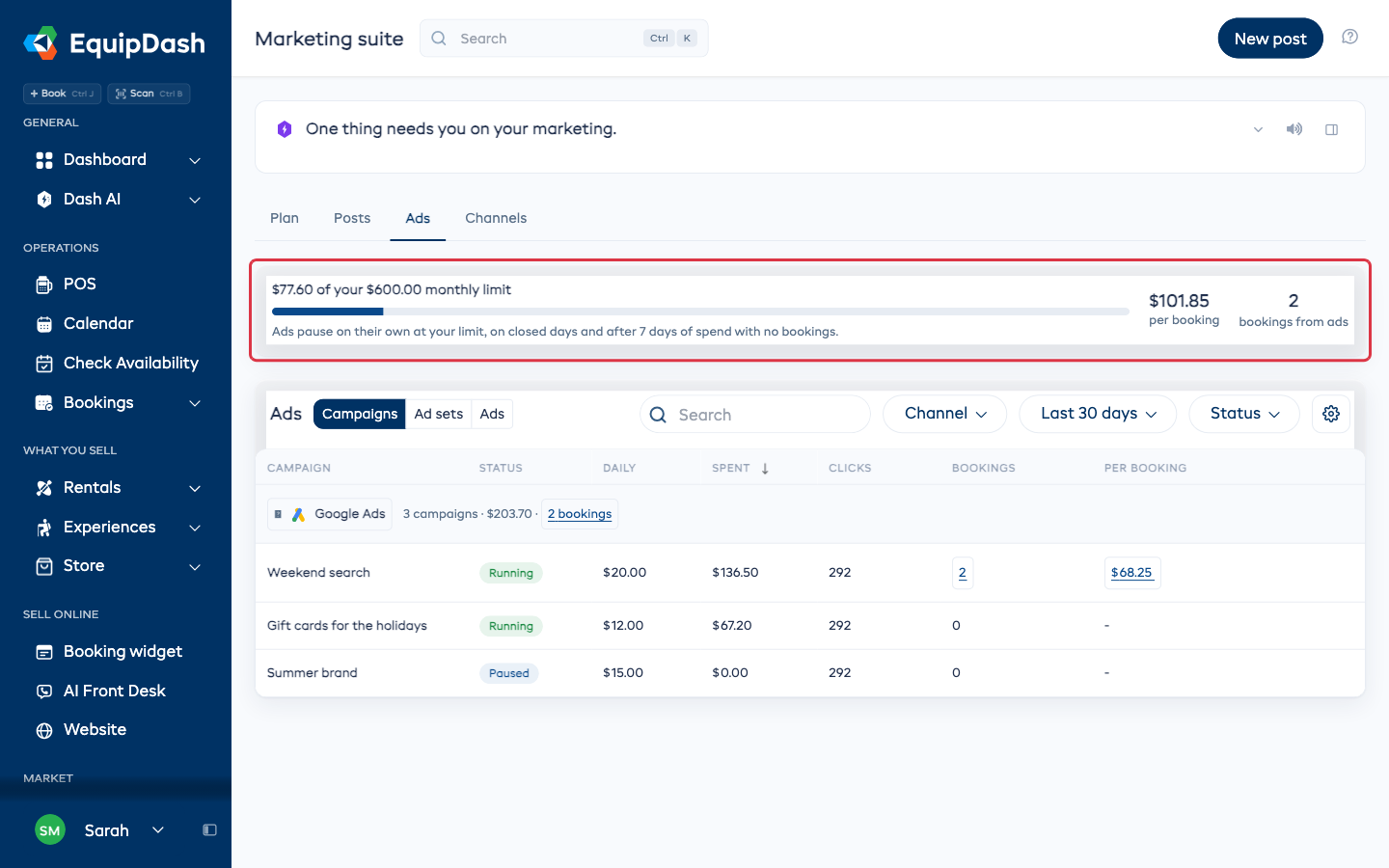 The Ads tab with the monthly limit card above the list of campaigns