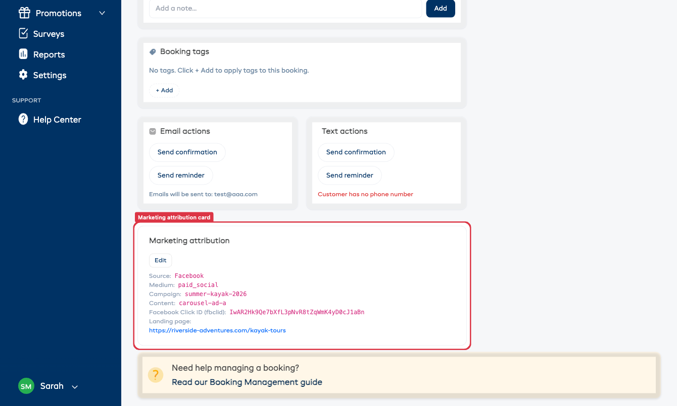 Marketing attribution card on a booking, expanded