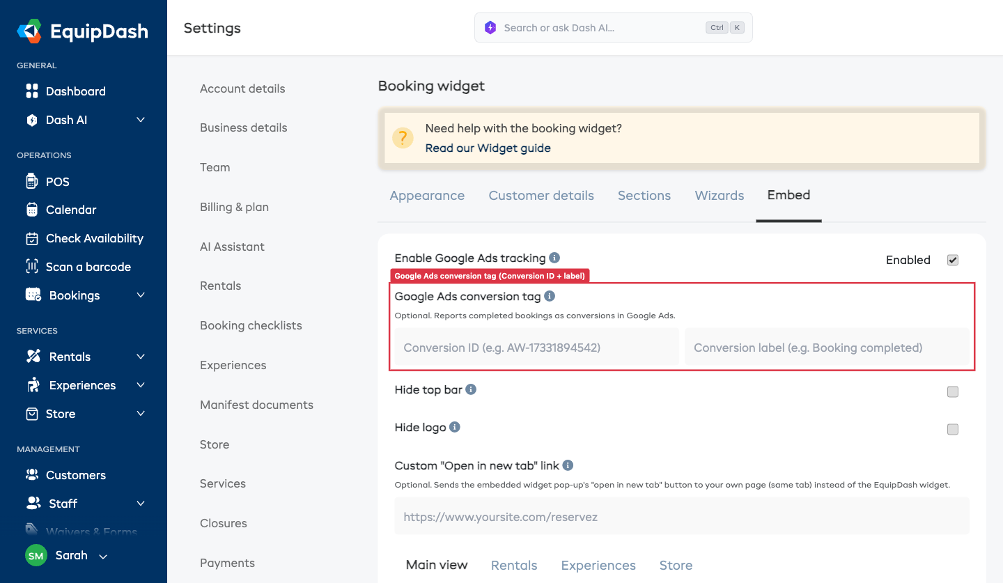 Google Ads conversion tag fields on the Embed tab