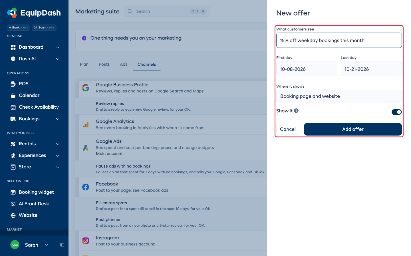 The New offer form with the offer text, dates, where it shows, and the Show it switch