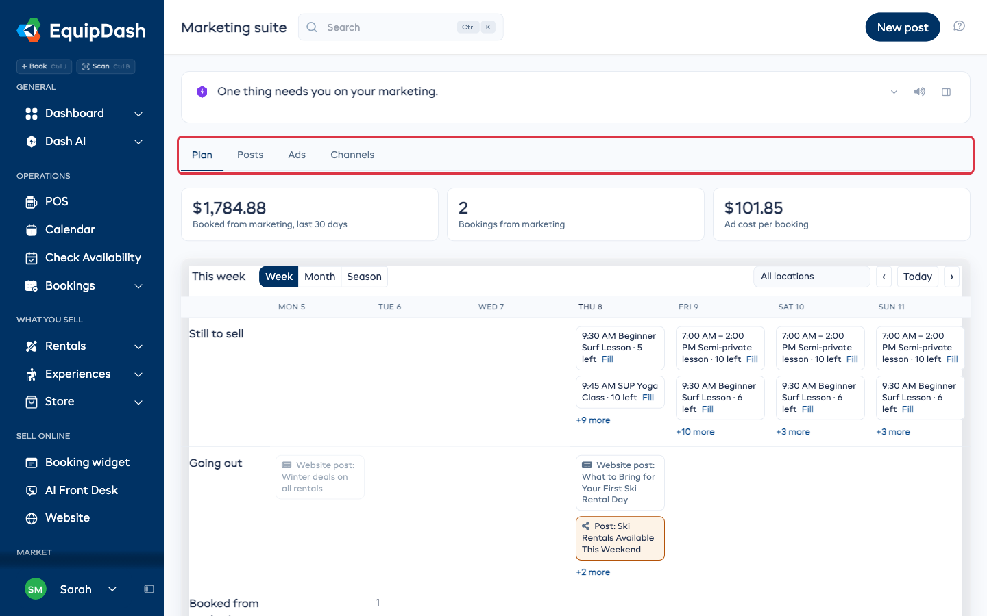 The Marketing suite page with its four tabs: Plan, Posts, Ads and Channels