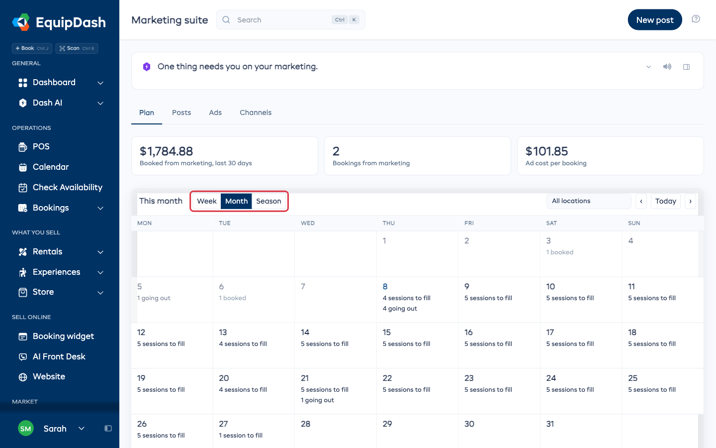 The Plan tab in Month view, showing sessions to fill and posts going out on each day