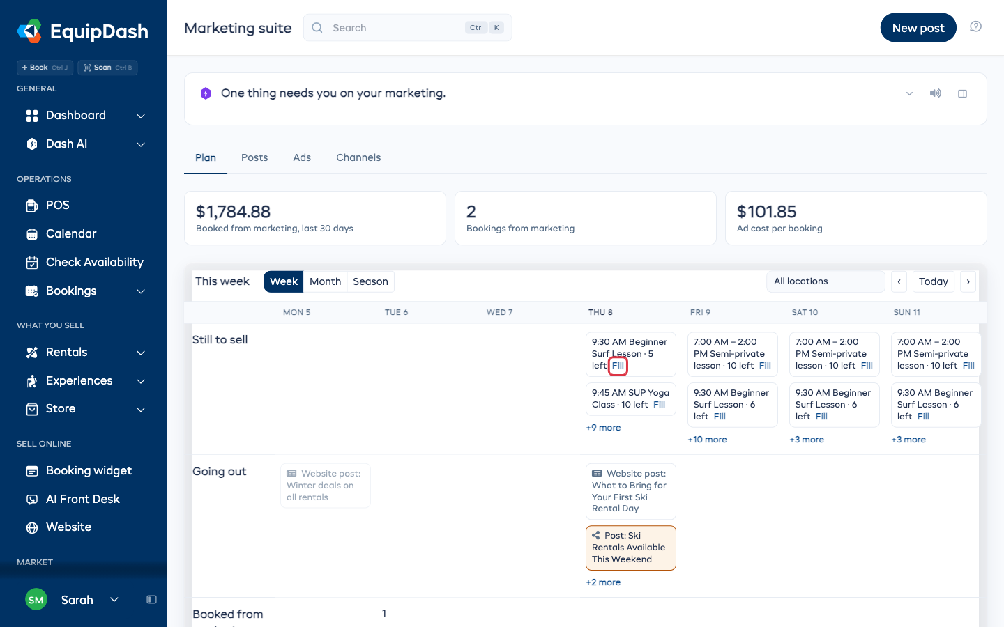 The Plan tab in Week view, with Still to sell, Going out and Booked from marketing rows