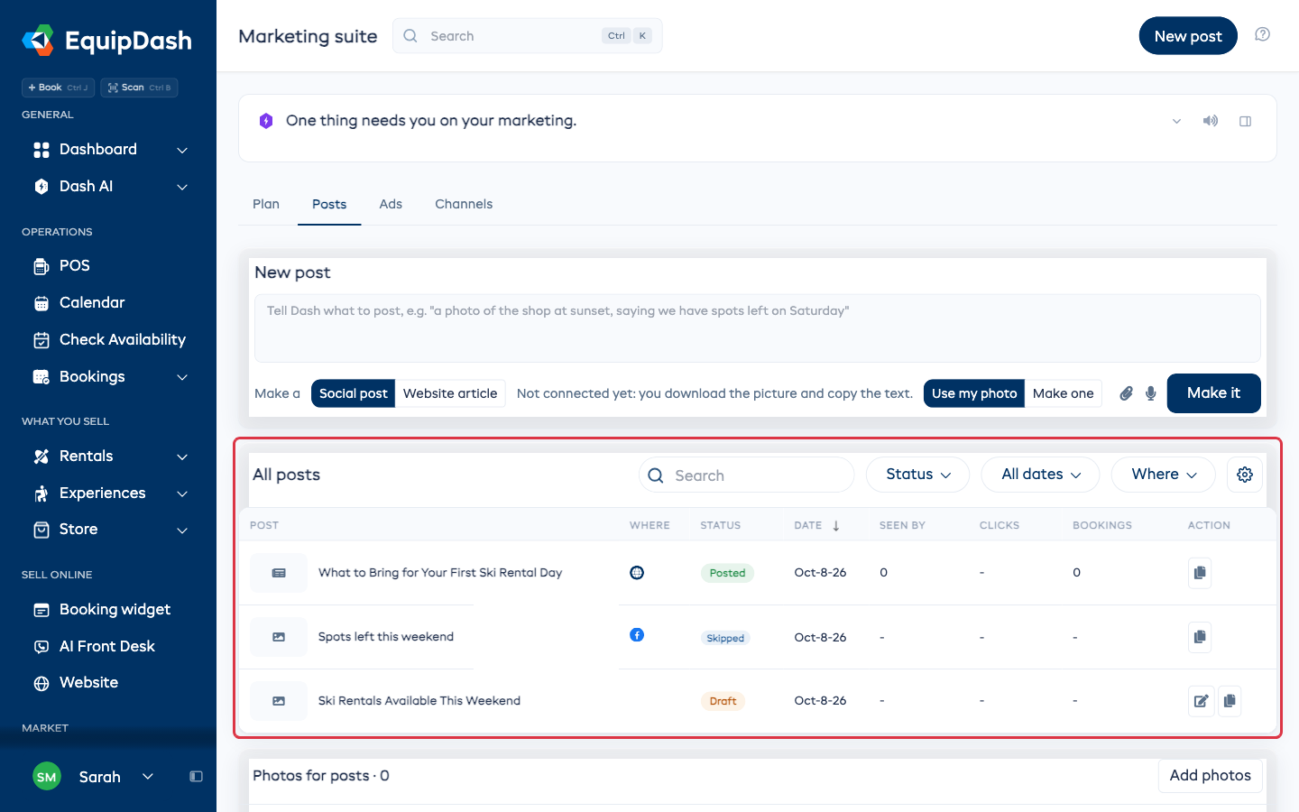 The All posts list with search, filters and the column gear