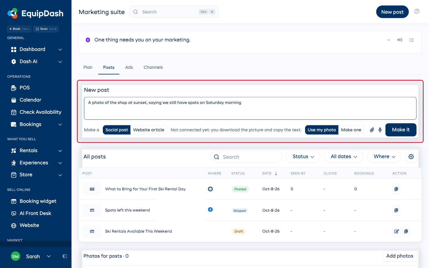 The New post box with a request typed in, Social post picked, and the Make it button