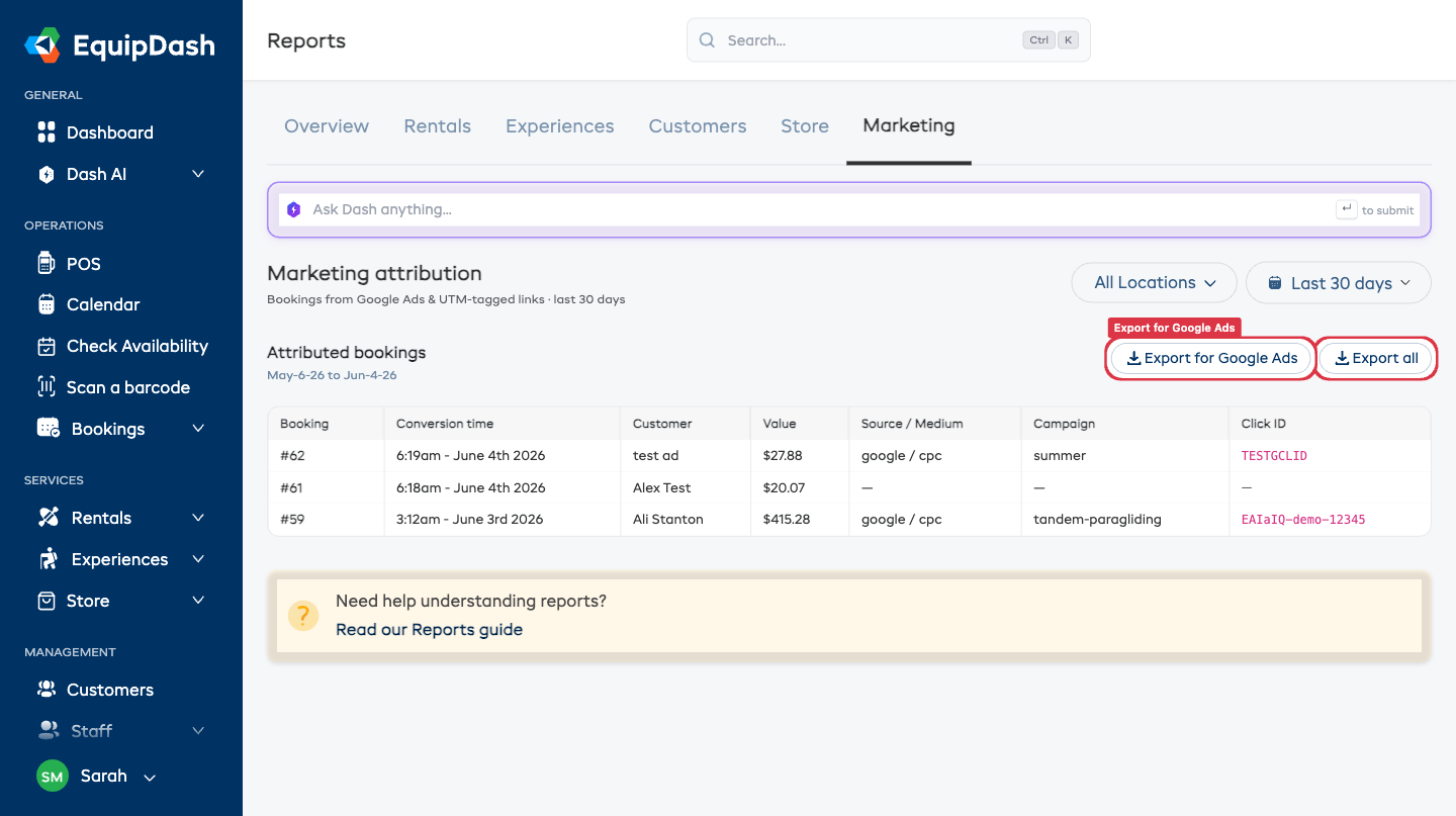Reports → Marketing tab listing attributed bookings with export buttons