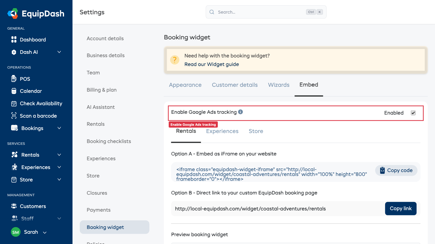 Enable Google Ads tracking toggle in Settings → Booking Widget → Embed