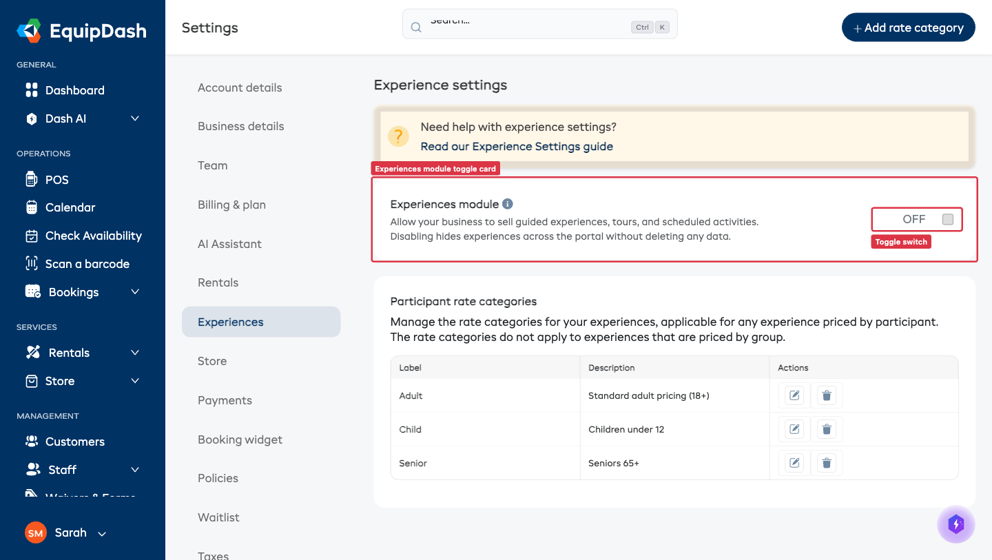 The Experiences settings page showing the Experiences module toggle card at the top with a switch labelled ON.