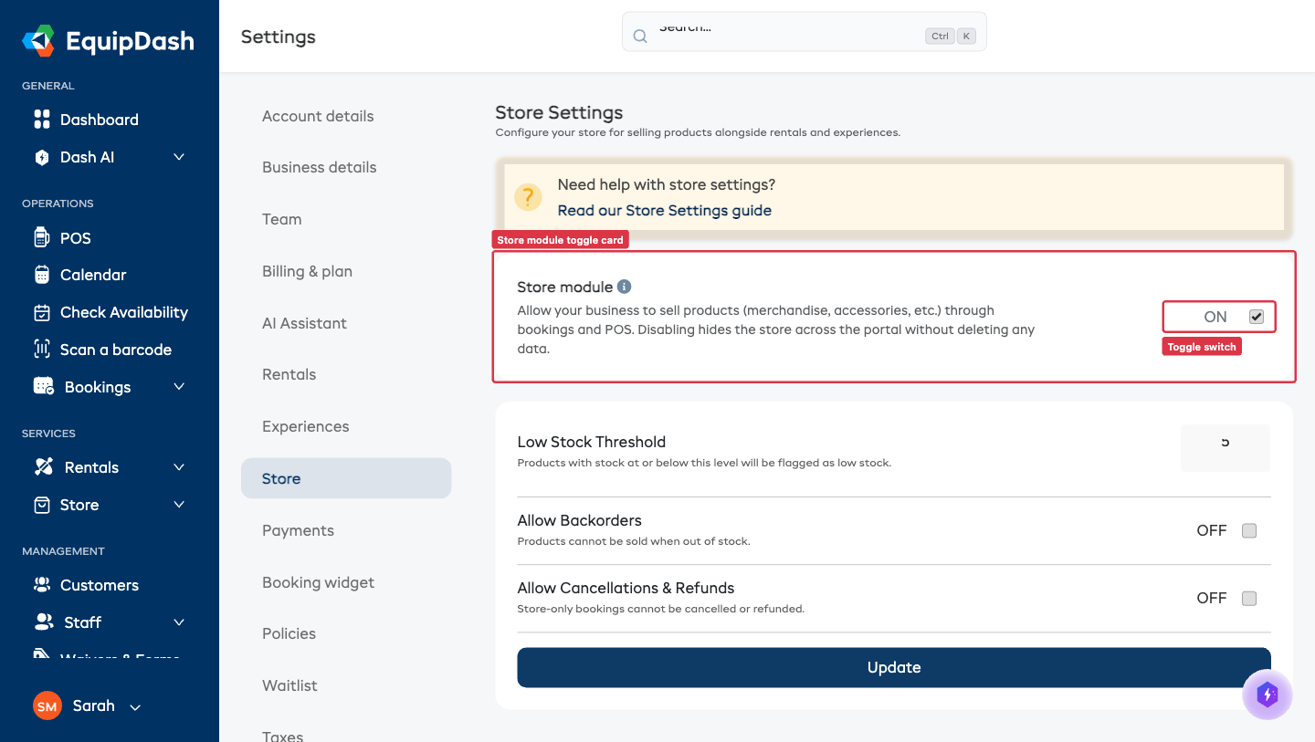 The Store settings page showing the Store module toggle card at the top with a switch labelled ON.
