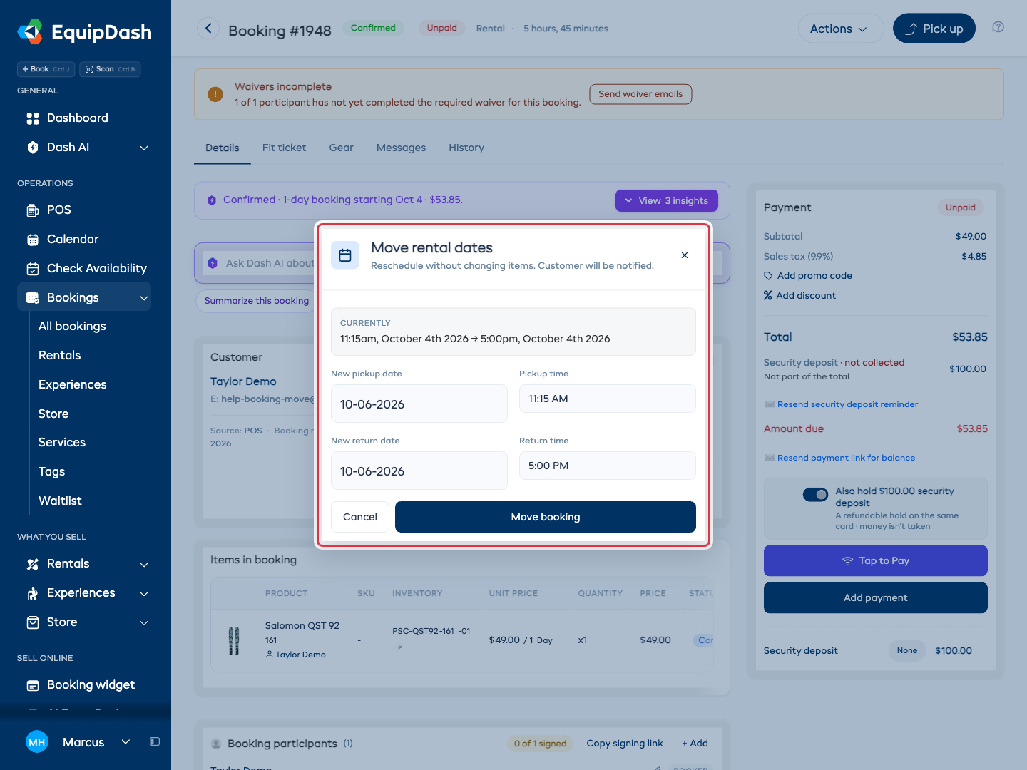 The Move dates modal for a rental booking with new pickup and return dates filled in.