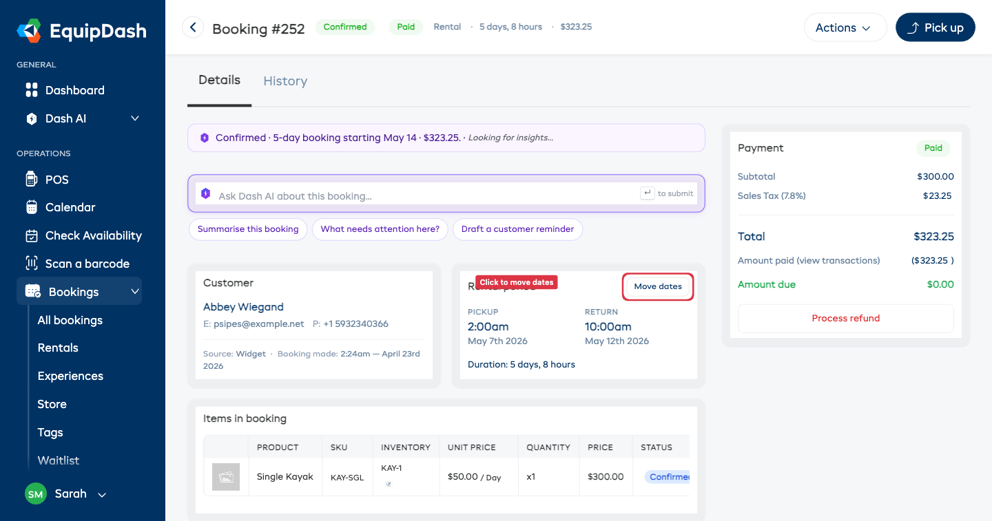 The booking detail page with the "Move dates" button highlighted on the Rental period card.