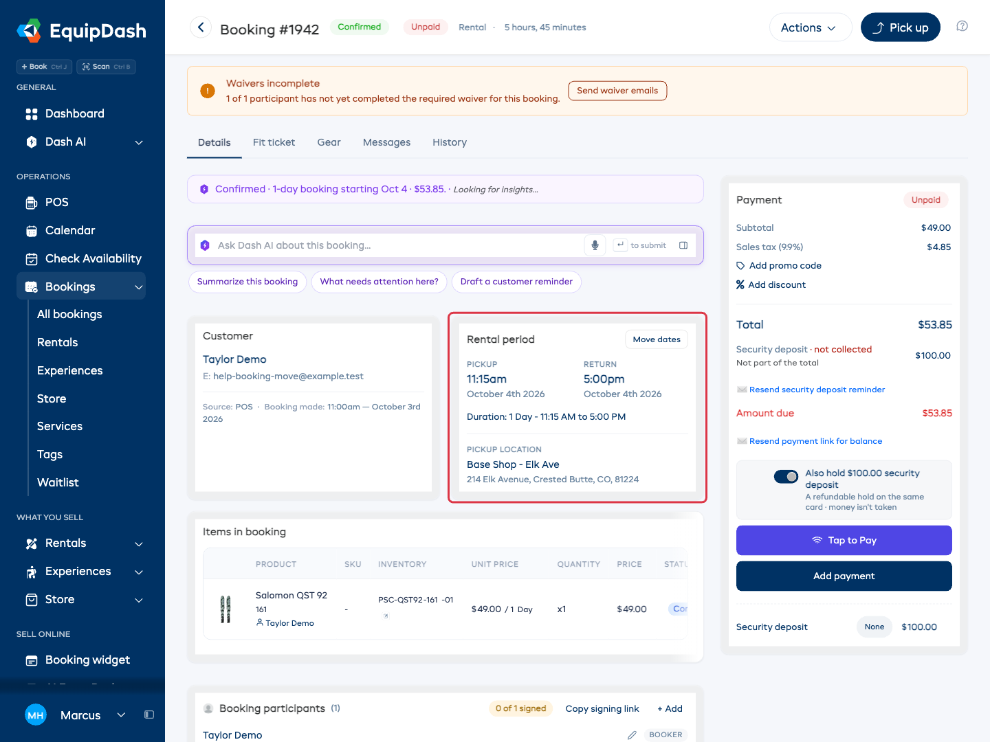 The booking detail page with the "Move dates" button highlighted on the Rental period card.