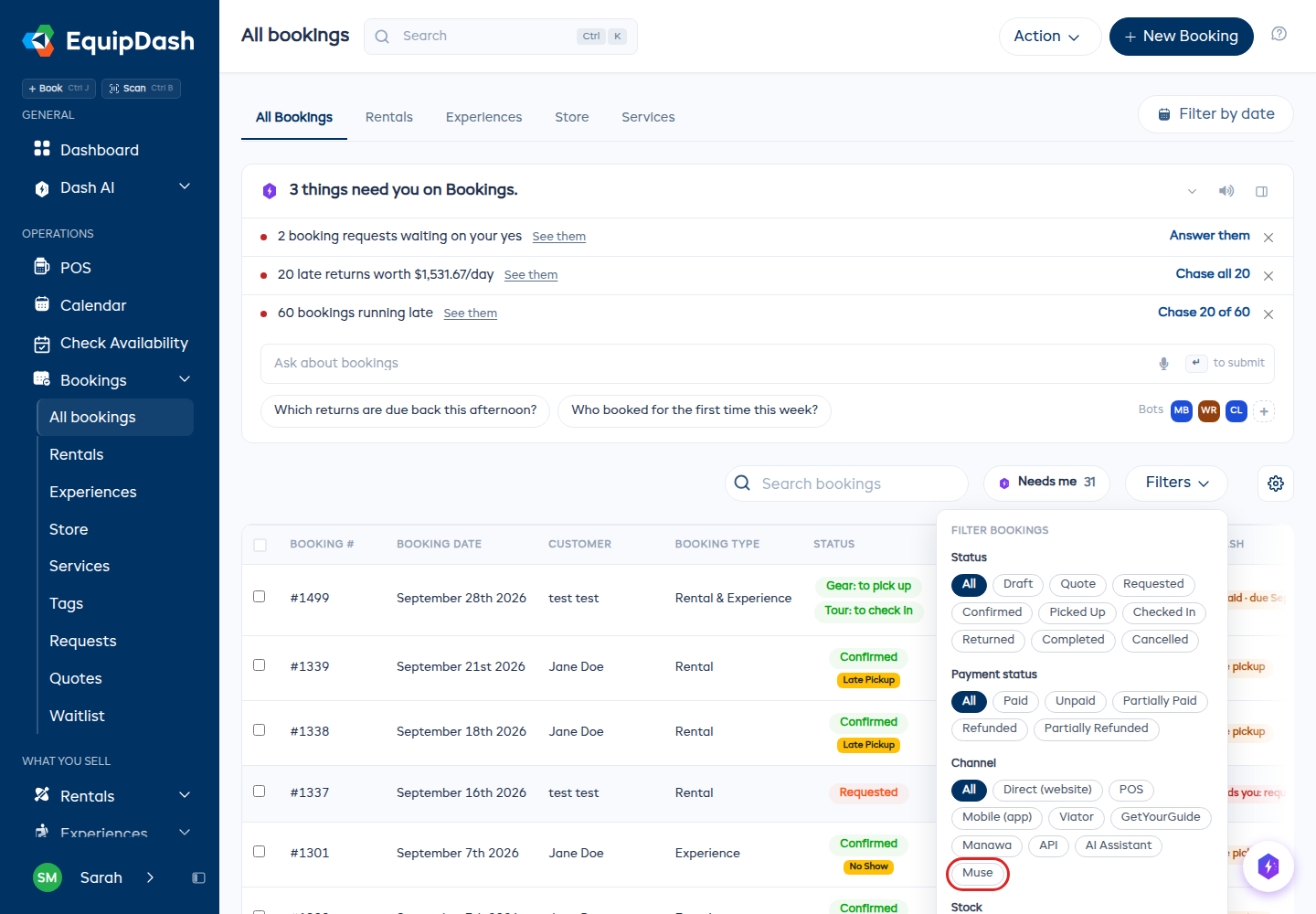 The Channel filter on the bookings list, with Muse highlighted