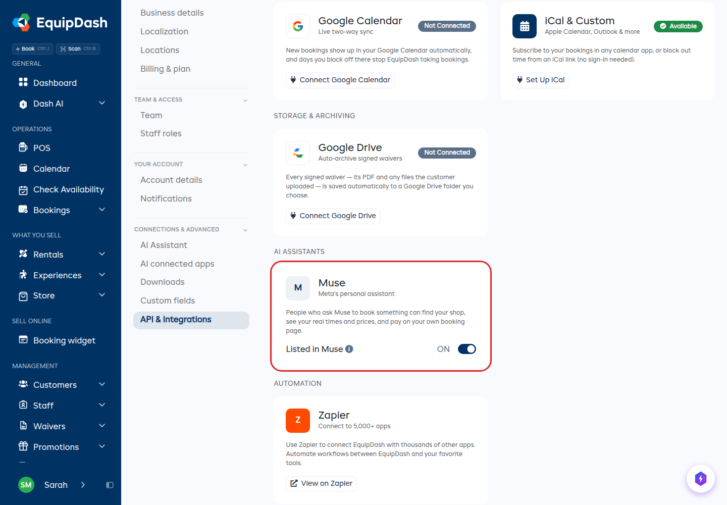 The Muse card on Settings, API and Integrations, with the Listed in Muse switch