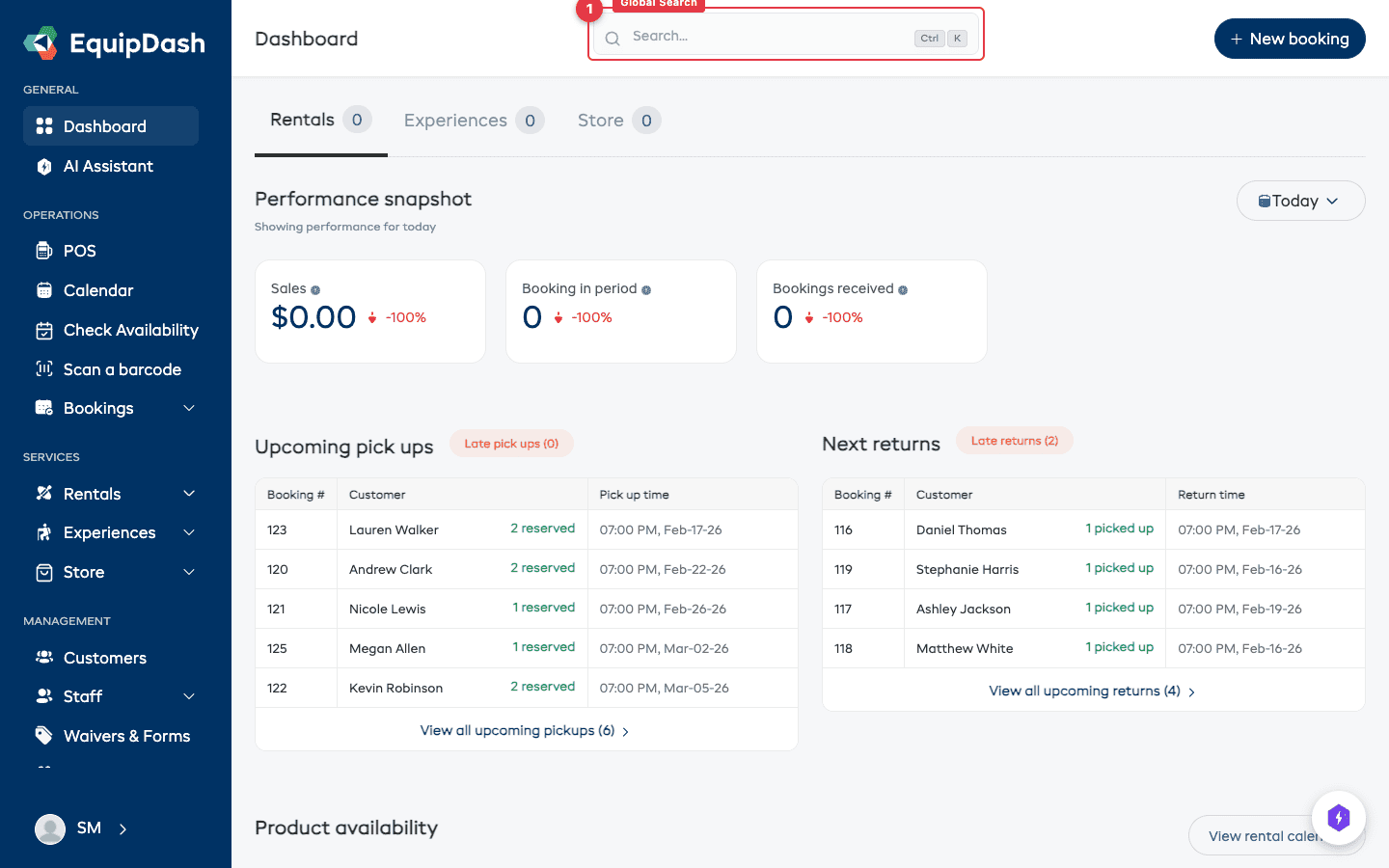 The Global Search overlay open with a search query typed in and results grouped by category