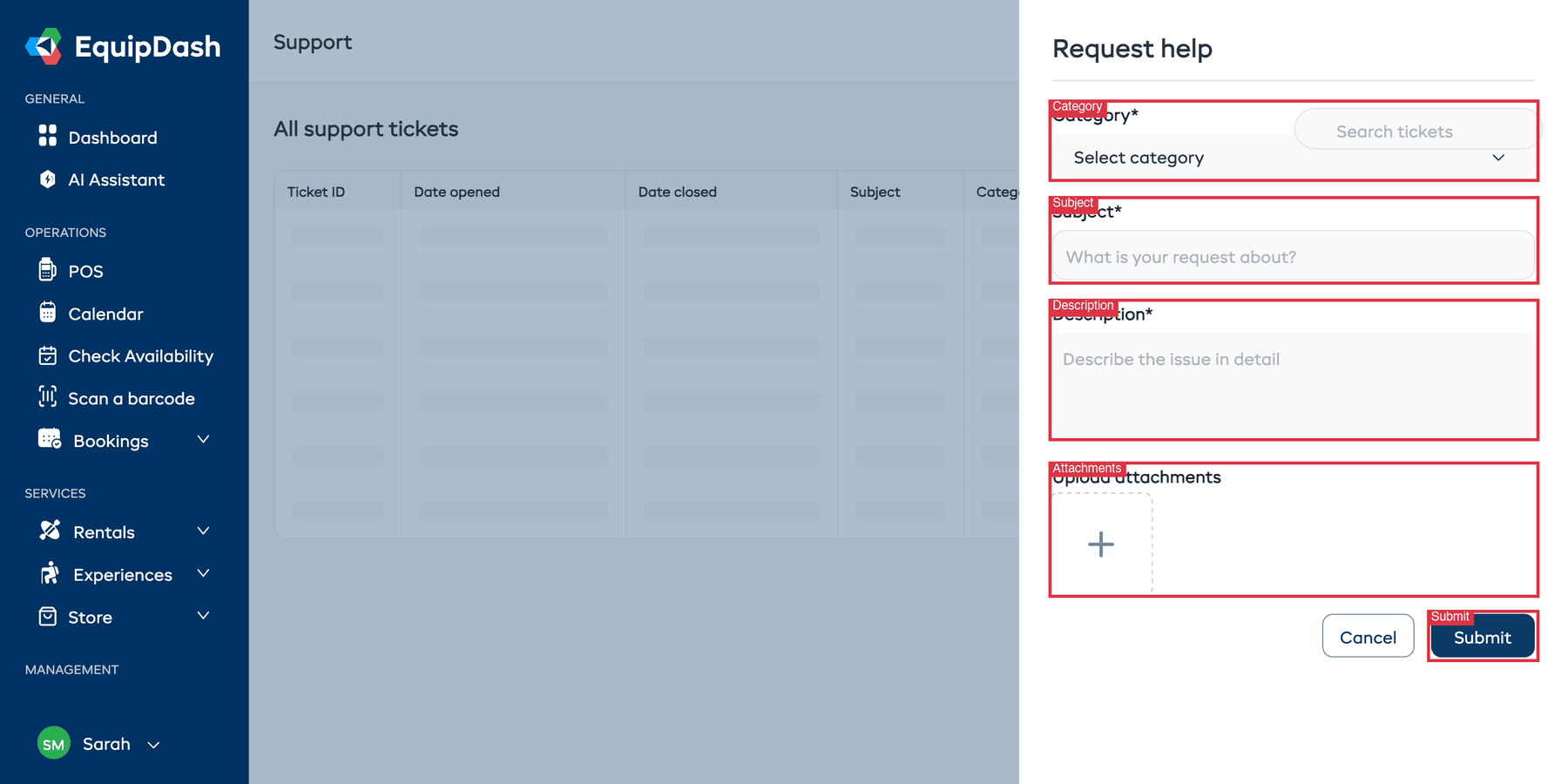 In-app support ticket form