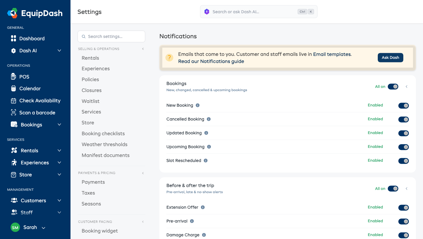 The Notifications settings page with sections and toggle switches